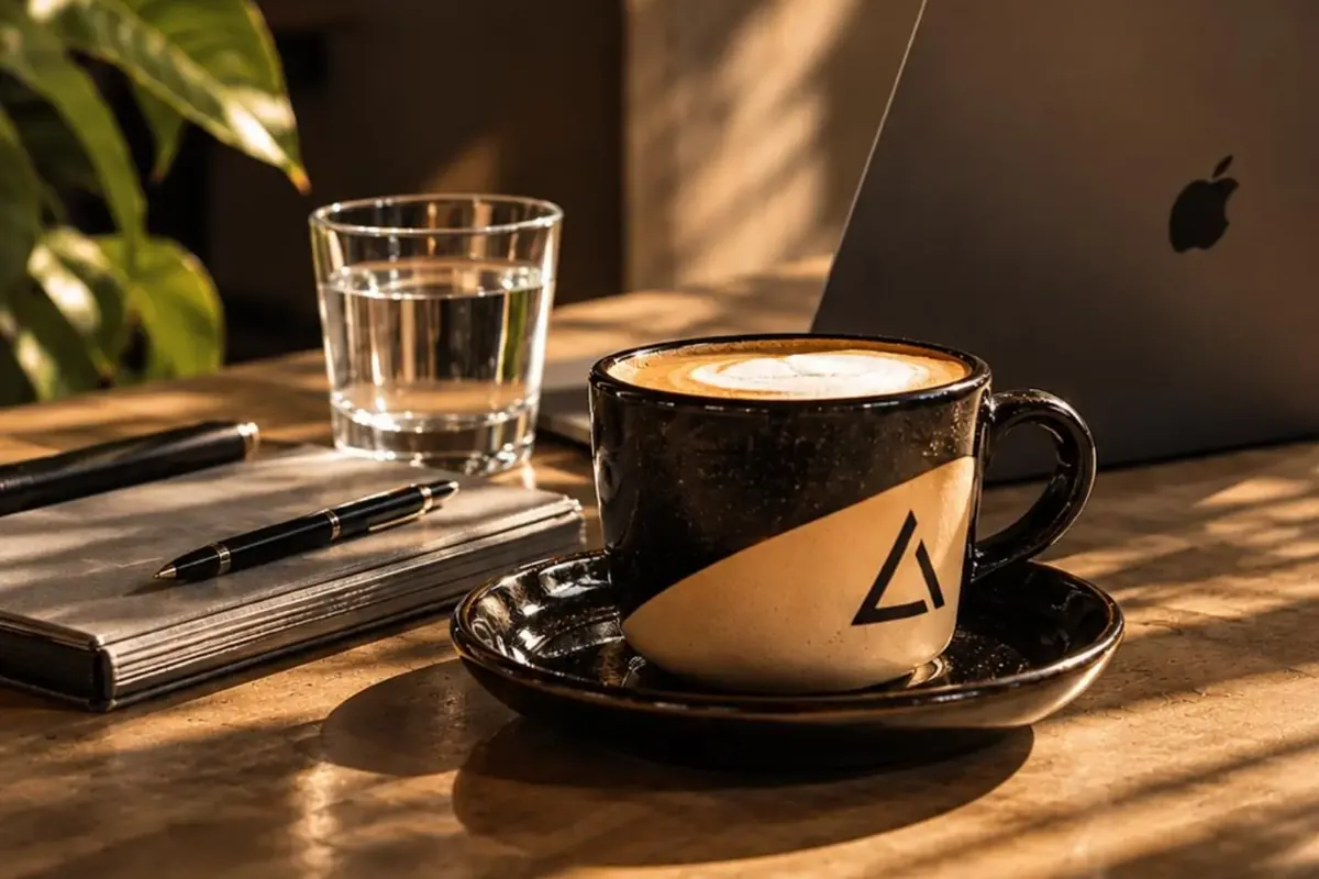 Mesa con café, notebook y anotador